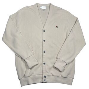VTG 80s Arnold Palmer Cardigan Sweater XL Tan Stitched Umbrella Made in USA